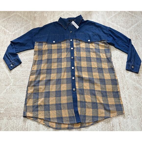 Denim Flannel Shirt Dress Plaid Long Sleeve Button Tunic Cotton Plus Sz 2XL - Picture 5 of 12